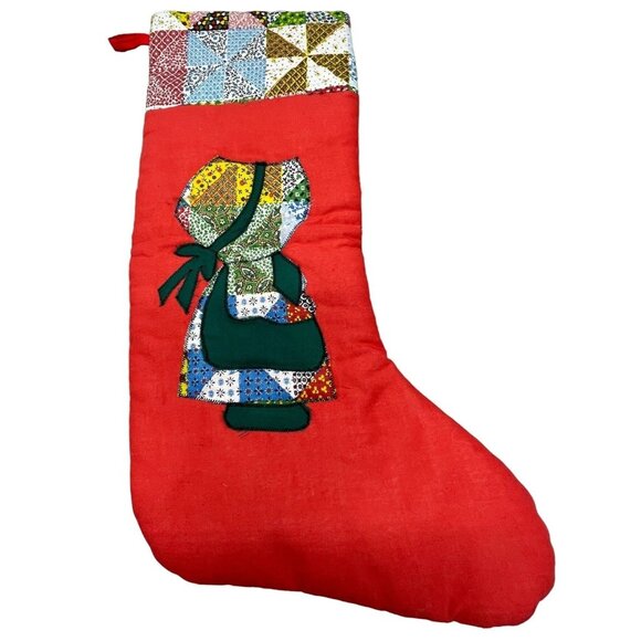 handmade vintage Christmas stocking patch work little girl bonnet red 20" READ - Picture 1 of 5